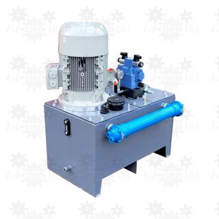 Stacja hydrauliczna zasilacz 15kW Siemens z cichą pompą łopatkową 100l/min, chłodnicą wodną, rozdzielacz 4WE16 na linię produkcyjną