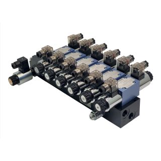 Rozdzielacz 6 sekcyjny CETOP 3, 4WE6 z regulatorem przepływu proporcjonalny 3-drogowy WDUD10 PONAR elektryczny regulator przepływu oleju hydraulicznego 24V