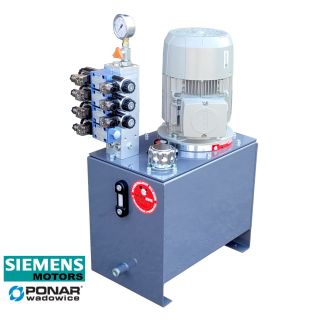 3kW zasilacz hydrauliczny z rozdzielaczem 4 sekcje,  zbiornik 40L, 400V stacja hydrauliczna agregat siemens ponar