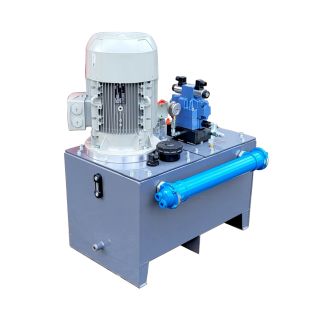 Stacja hydrauliczna zasilacz 15kW Siemens z cichą pompą łopatkową 100l/min, chłodnicą wodną, rozdzielacz 4WE16 na linię produkcyjną